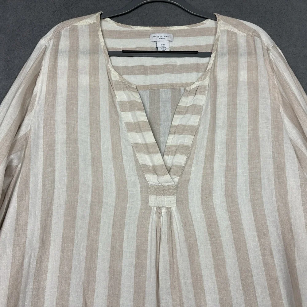 Antibes Blanc 100% Linen Tunic Top Size 3X Beige White Stripe Roll Tab Sleeve